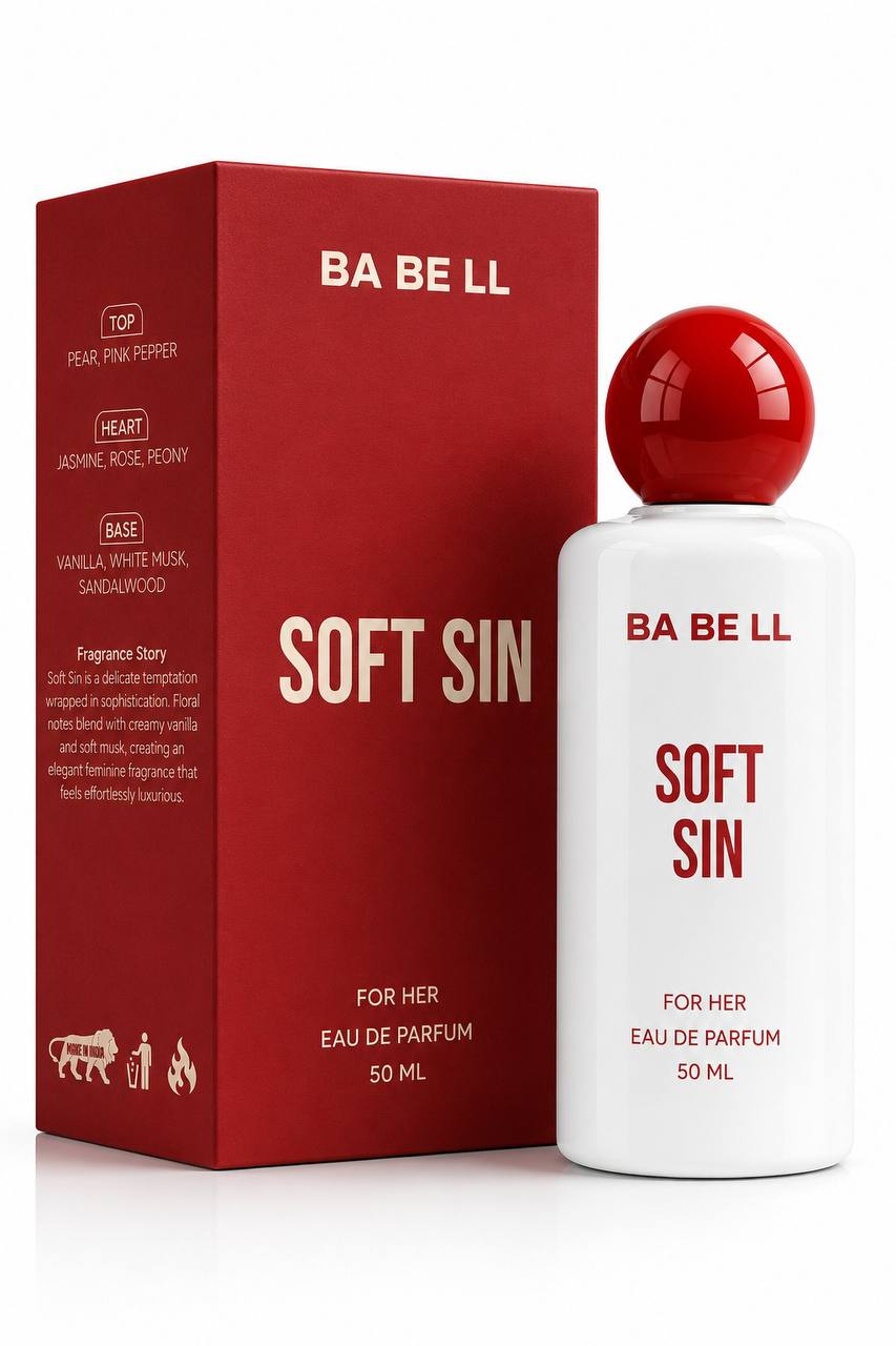 BA BE LL Soft Sin Eau De Parfum 50ml bottle with its red packaging box, displayed on a clean white background.