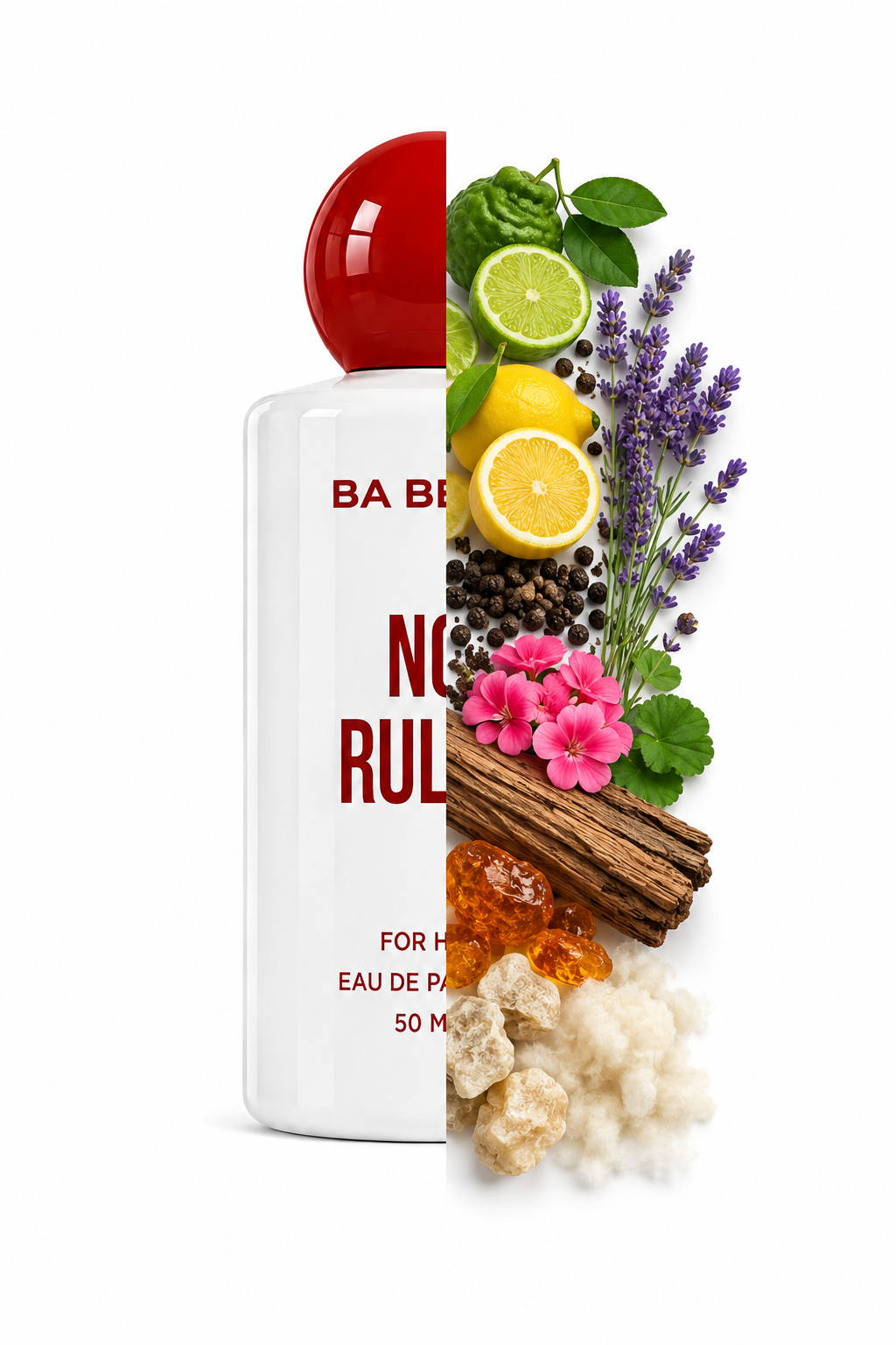 A white perfume bottle with a glossy red cap, partially obscured by a vertical arrangement of fragrance ingredients including lemons, lavender, pink flowers, cinnamon, and amber pieces on a white background.