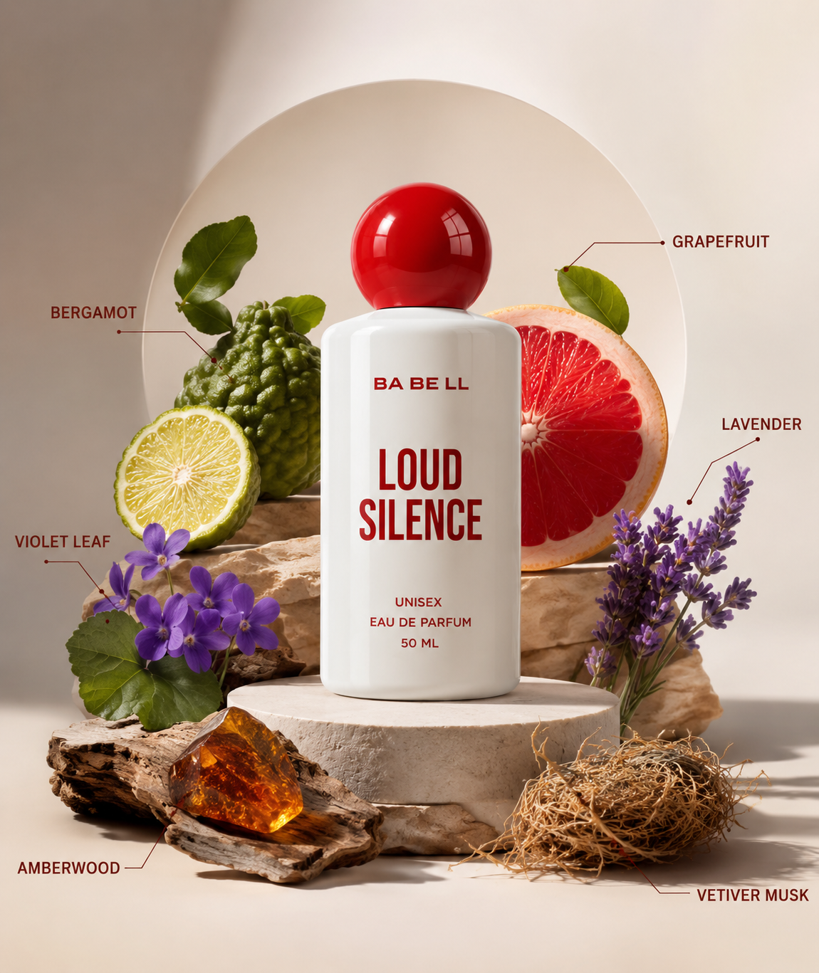 BA BE LL Loud Silence unisex perfume 50ml bottle, white with a glossy red spherical cap, displayed on a stone pedestal surrounded by botanical ingredients labeled Bergamot, Grapefruit, Lavender, Violet Leaf, Amberwood, and Vetiver Musk.