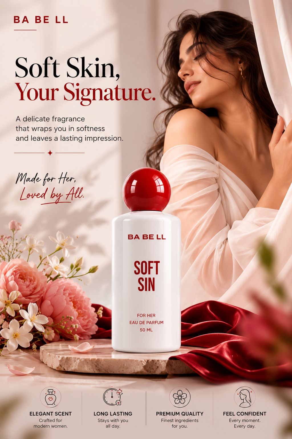 BA BE LL Soft Sin Eau de Parfum 50ml bottle displayed on a marble slab with pink roses and draped white fabric, next to a model in a white robe. The ad includes marketing text and feature icons at the bottom.