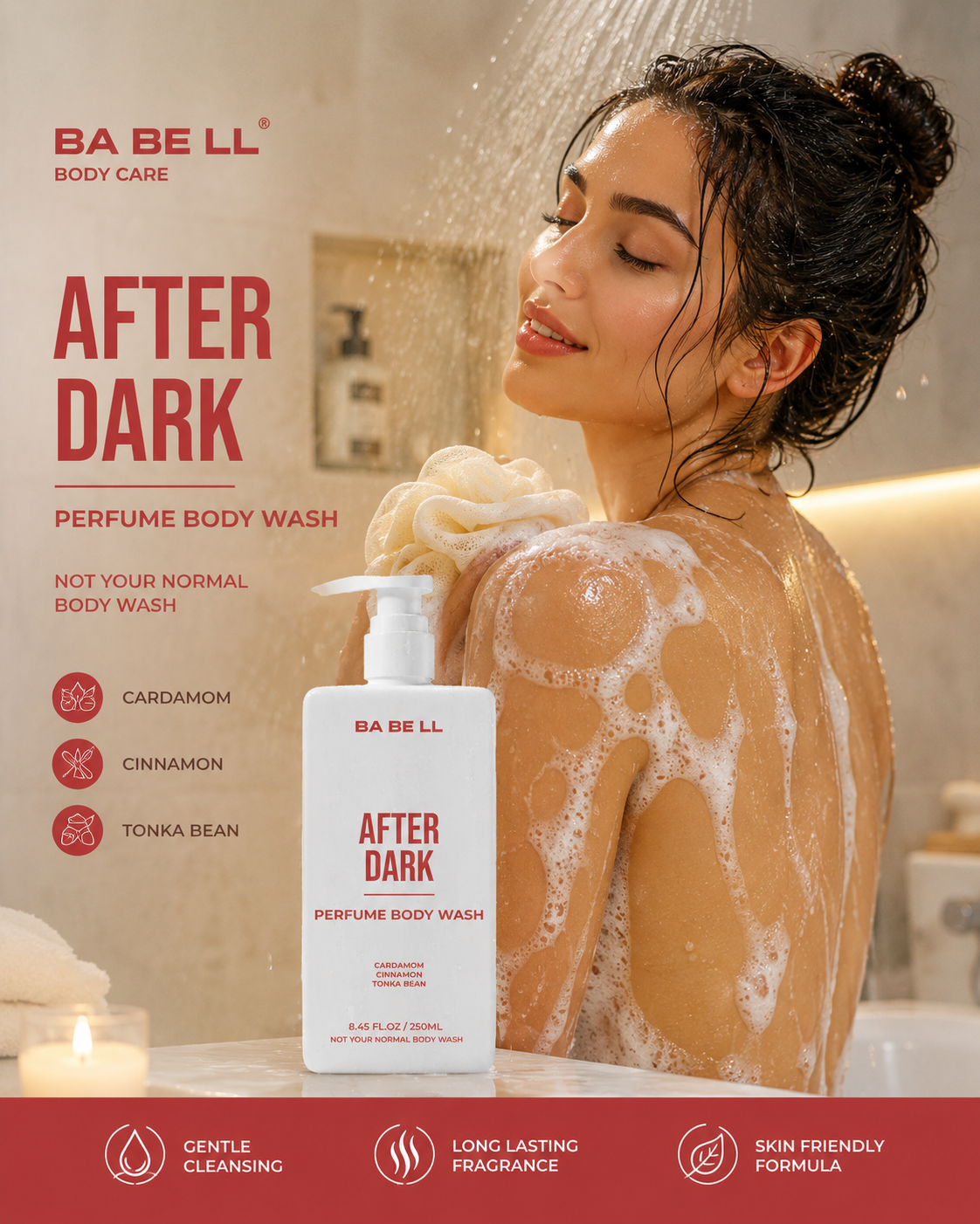 Babell After Dark perfume body wash with cardamom, cinnamon, tonka bean — gentle cleansing, long-lasting fragrance, skin-friendly formula.