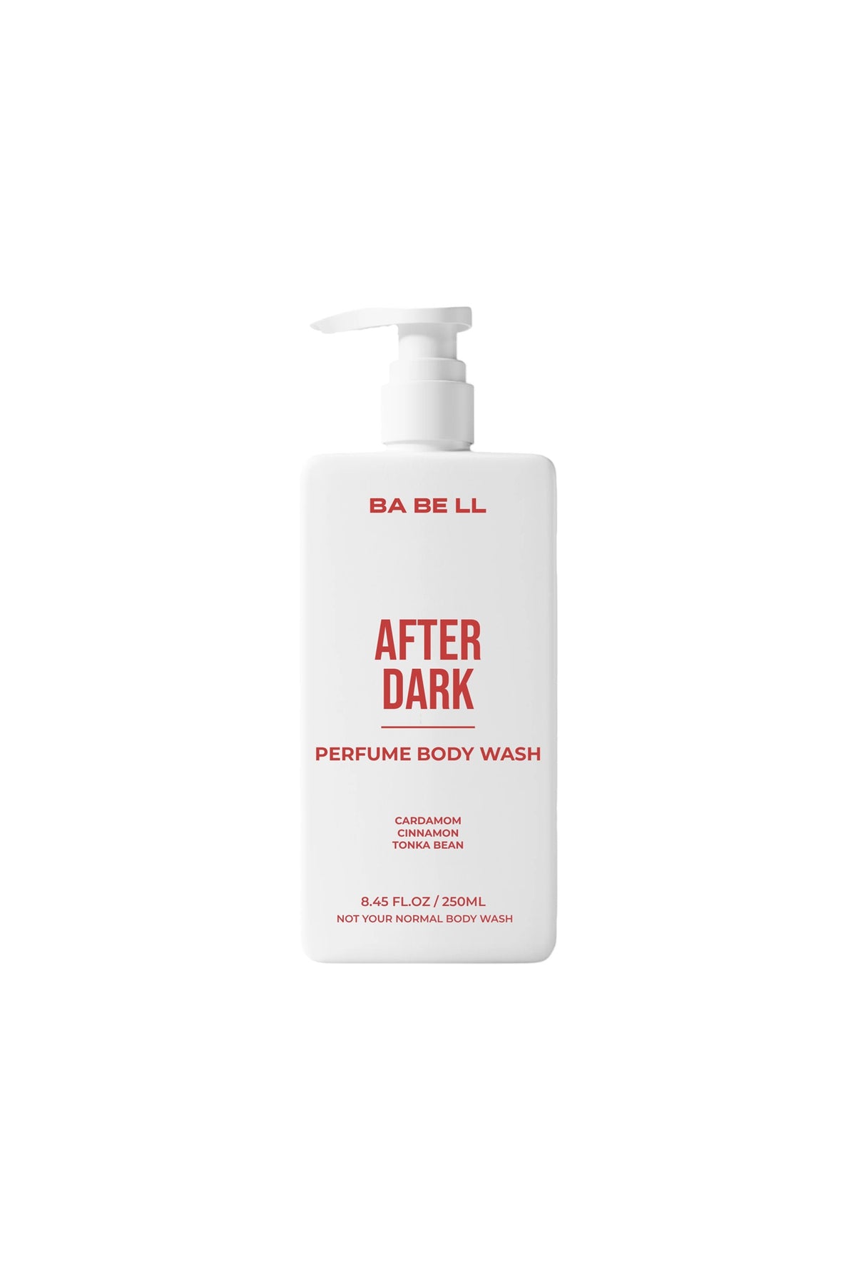 After Dark perfume body wash 250ml bottle by Babell, white pump bottle on a plain background.