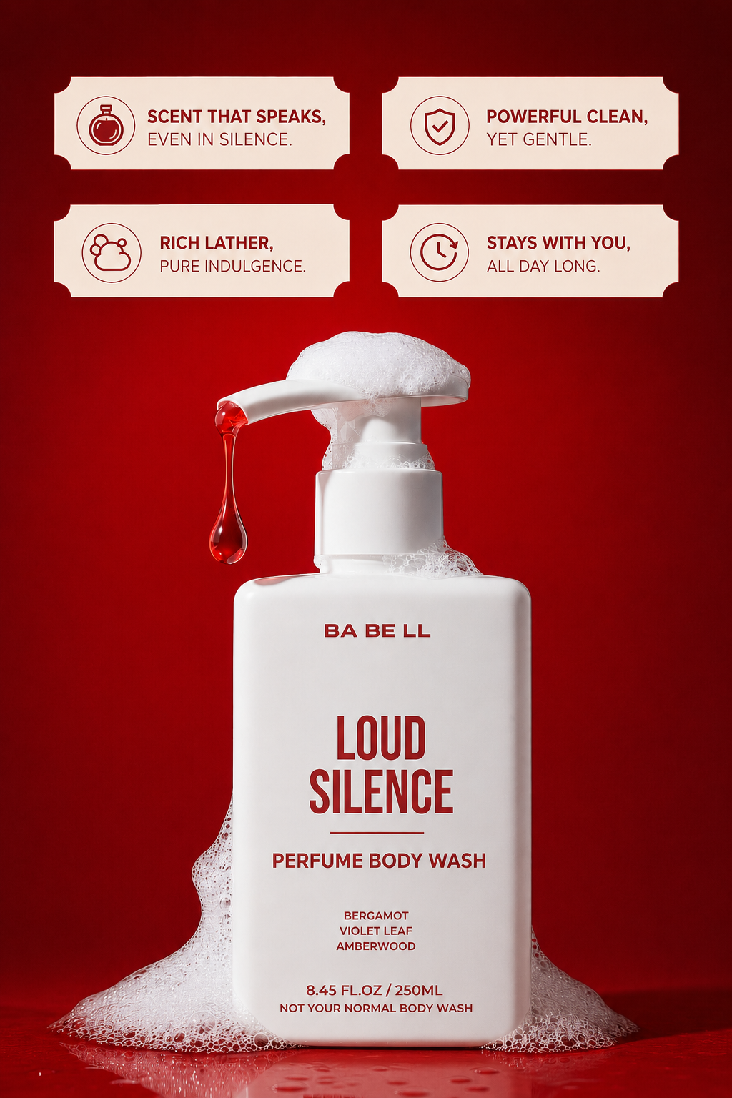 Loud Silence body wash benefits — perfume-infused formula, gentle on skin, thick lather and long-lasting freshness.