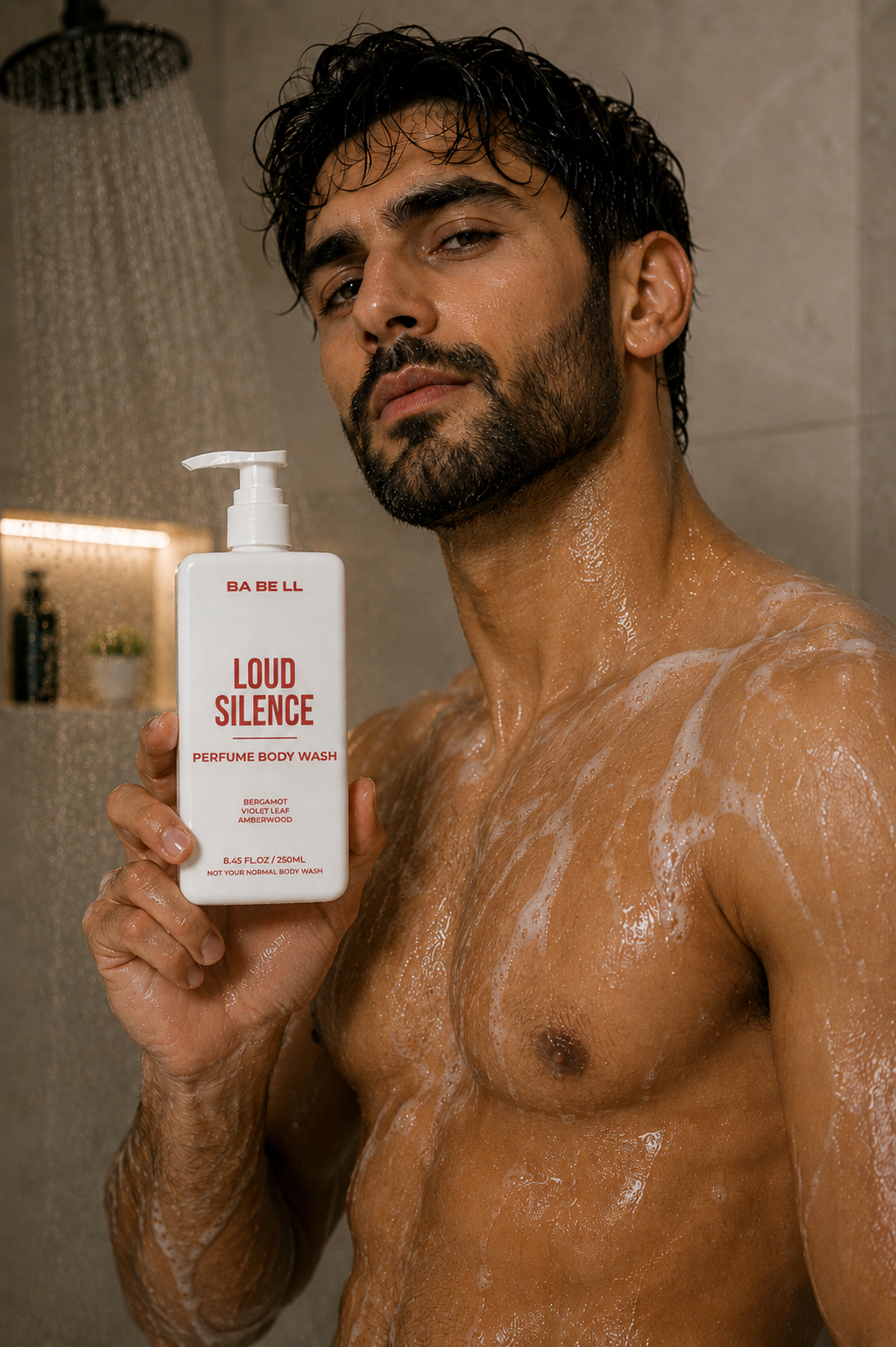 Man in the shower holding Babell Loud Silence perfume body wash, 250ml.