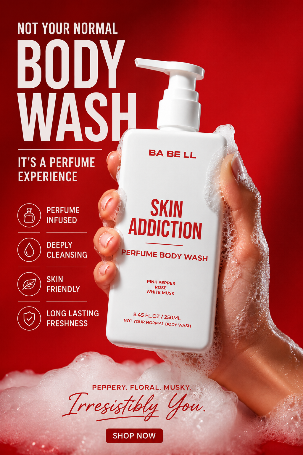 Skin Addiction perfume body wash held in a lathered hand, showing its rich foam.
