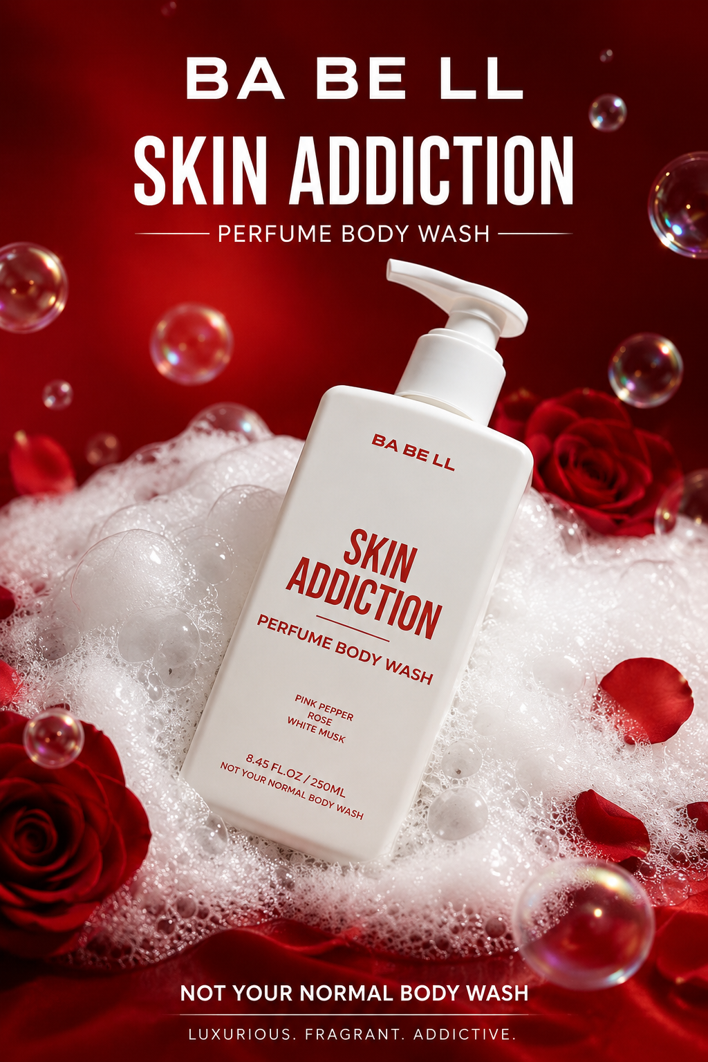 Skin Addiction body wash bottle surrounded by pink pepper, rose, white musk in foam.