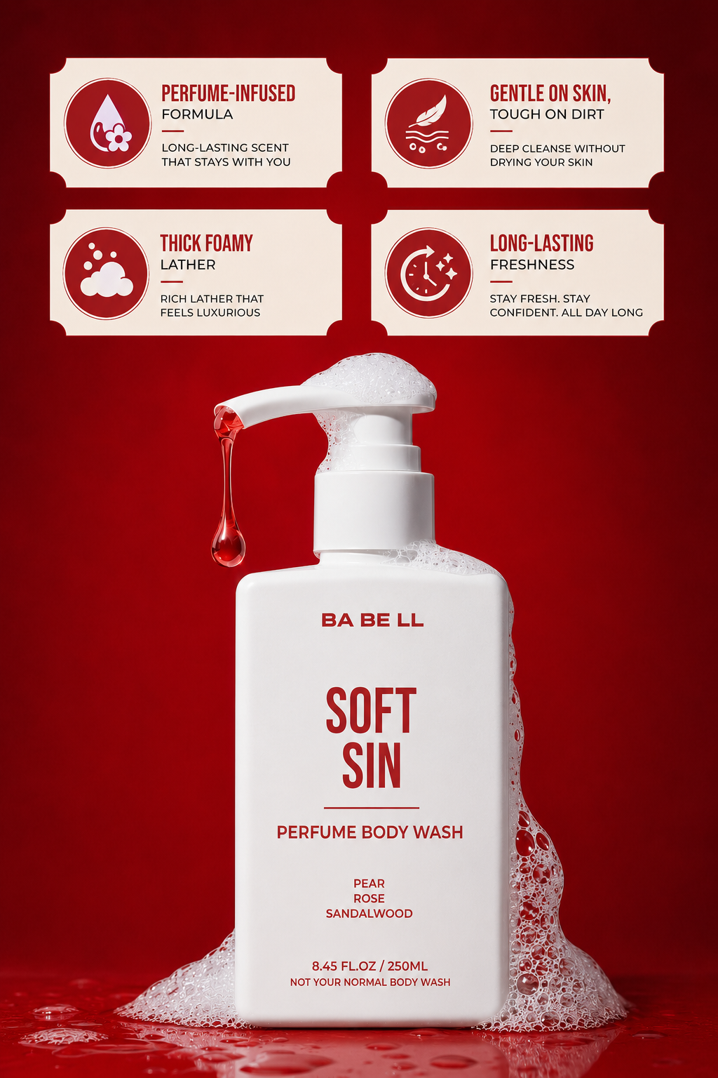 Soft Sin body wash benefits — perfume-infused formula, gentle on skin, thick lather and long-lasting freshness.