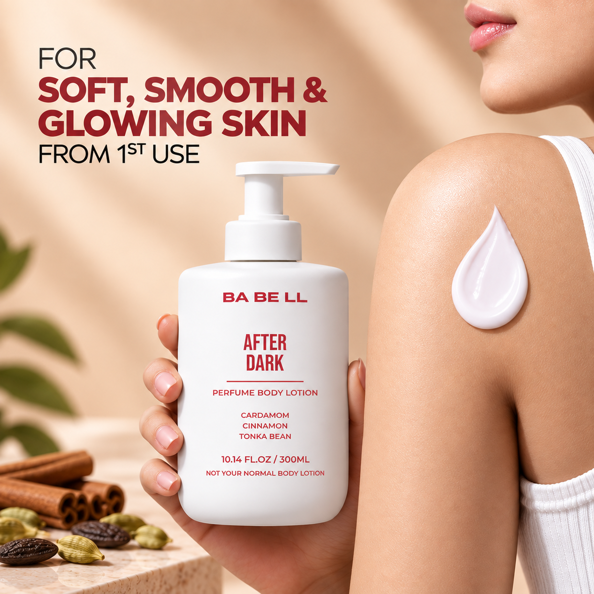 Woman holding Babell After Dark perfume body lotion beside a drop of lotion on her shoulder