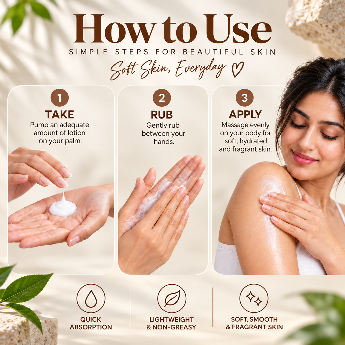 Babell No Rules perfume body lotion application guide: pump into palms, rub hands and massage over the body