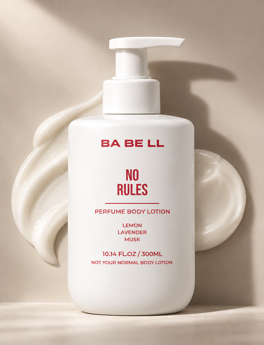 Babell No Rules perfume body lotion, 300ml white pump bottle with red label