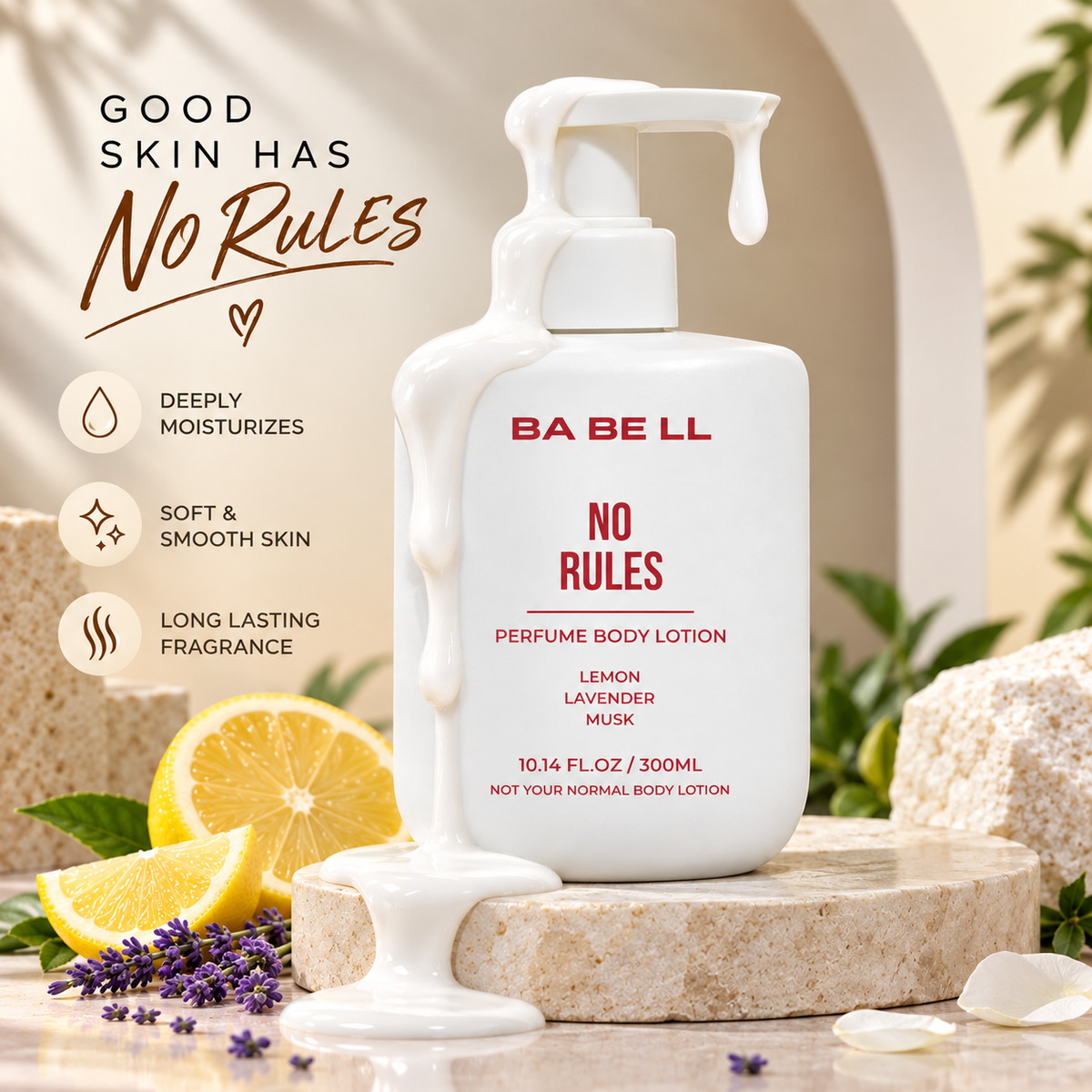 Babell No Rules perfume body lotion with lotion texture and lemon, lavender, musk fragrance-note props