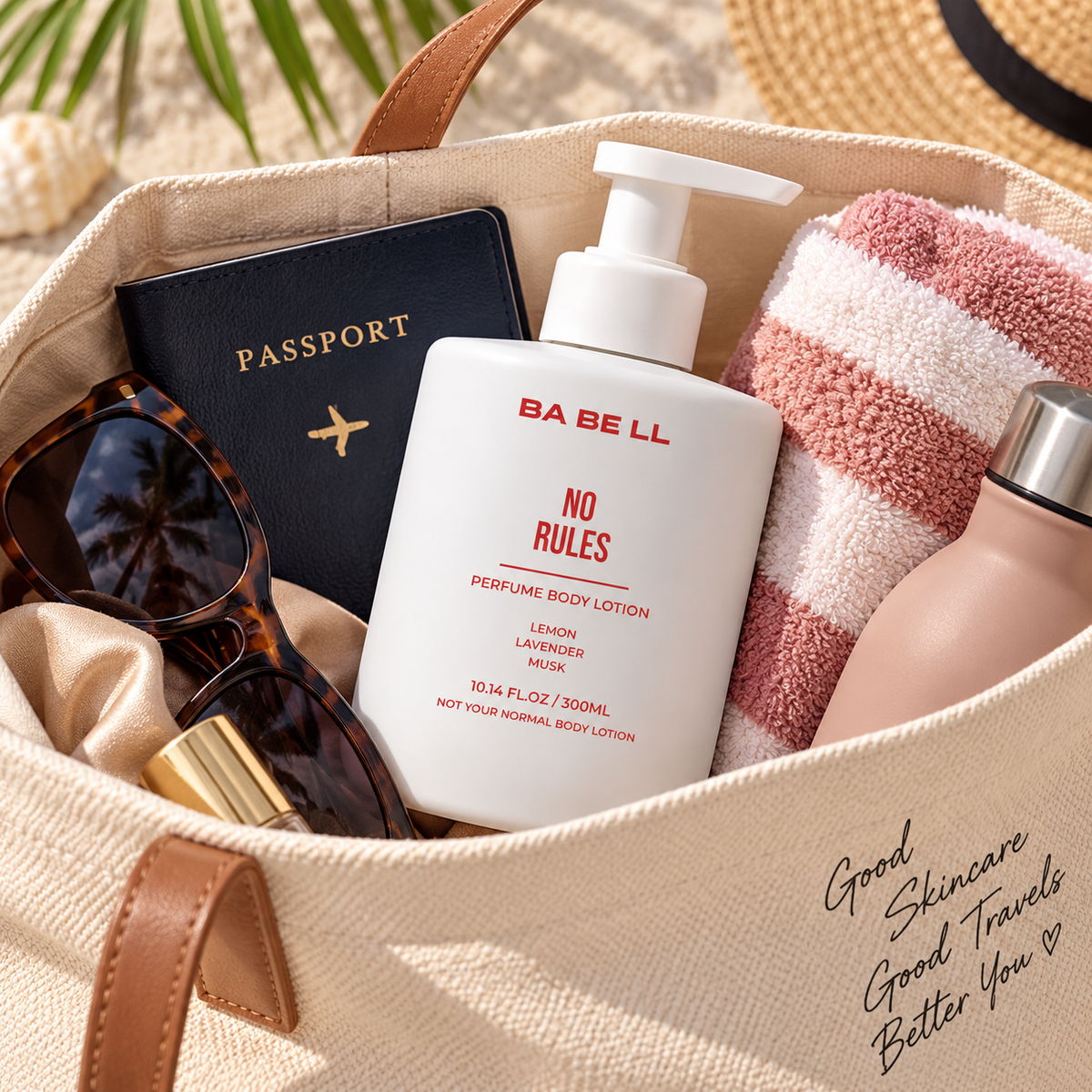 Babell No Rules perfume body lotion 300ml bottle in a travel bag beside a passport and towel