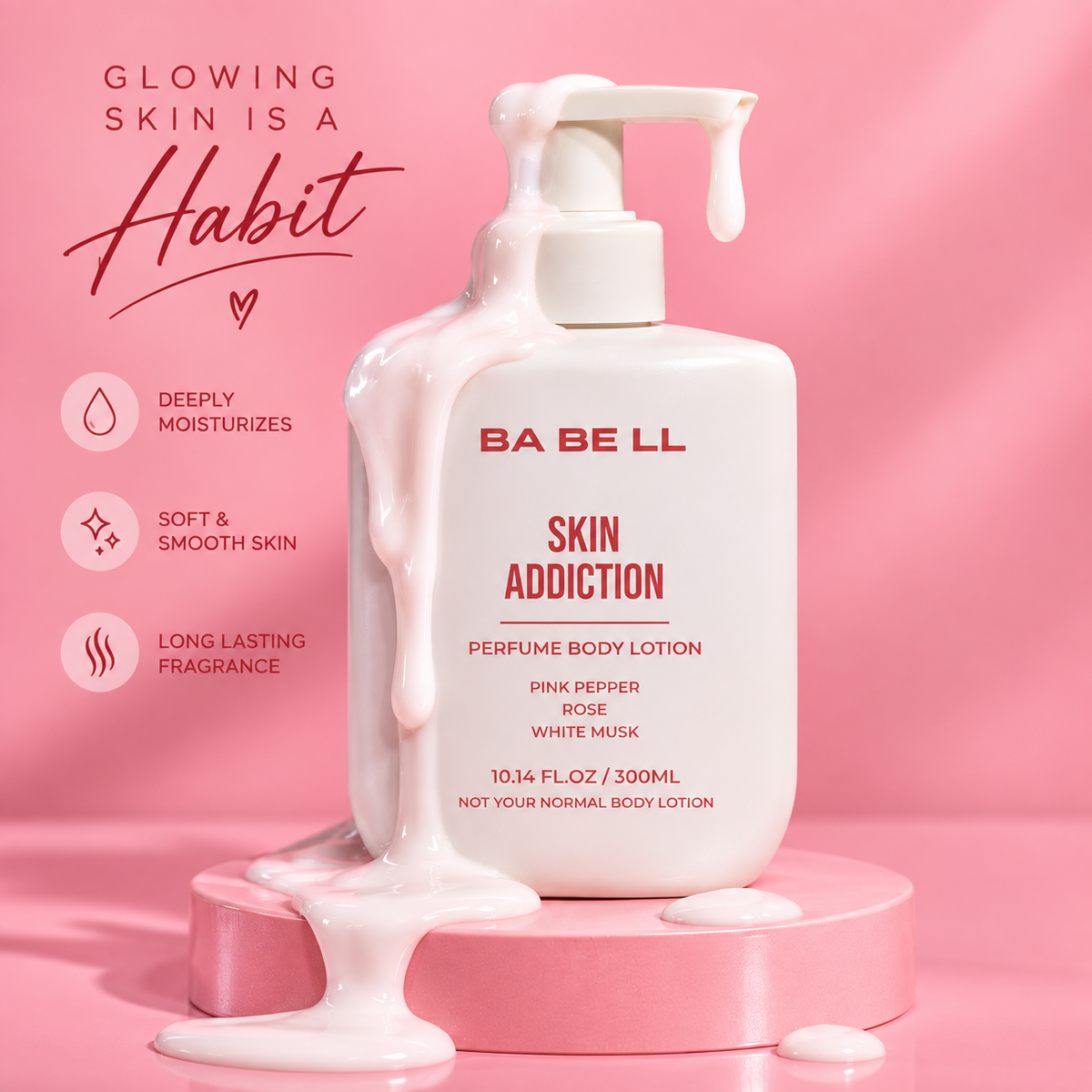 Babell Skin Addiction perfume body lotion with white lotion flowing over the pump on a pink display stand