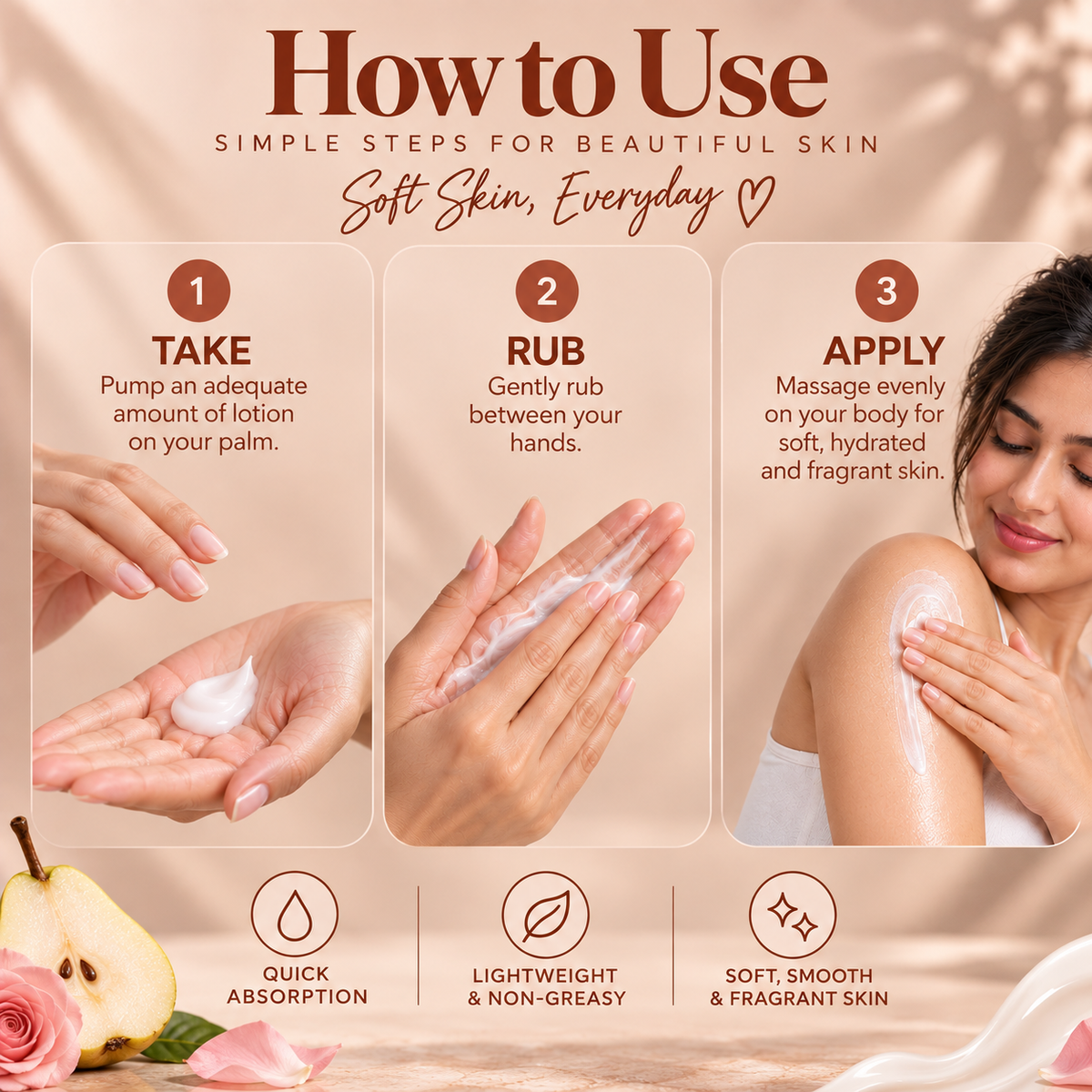 Babell Soft Sin perfume body lotion application guide: pump into palms, rub hands and massage over the body