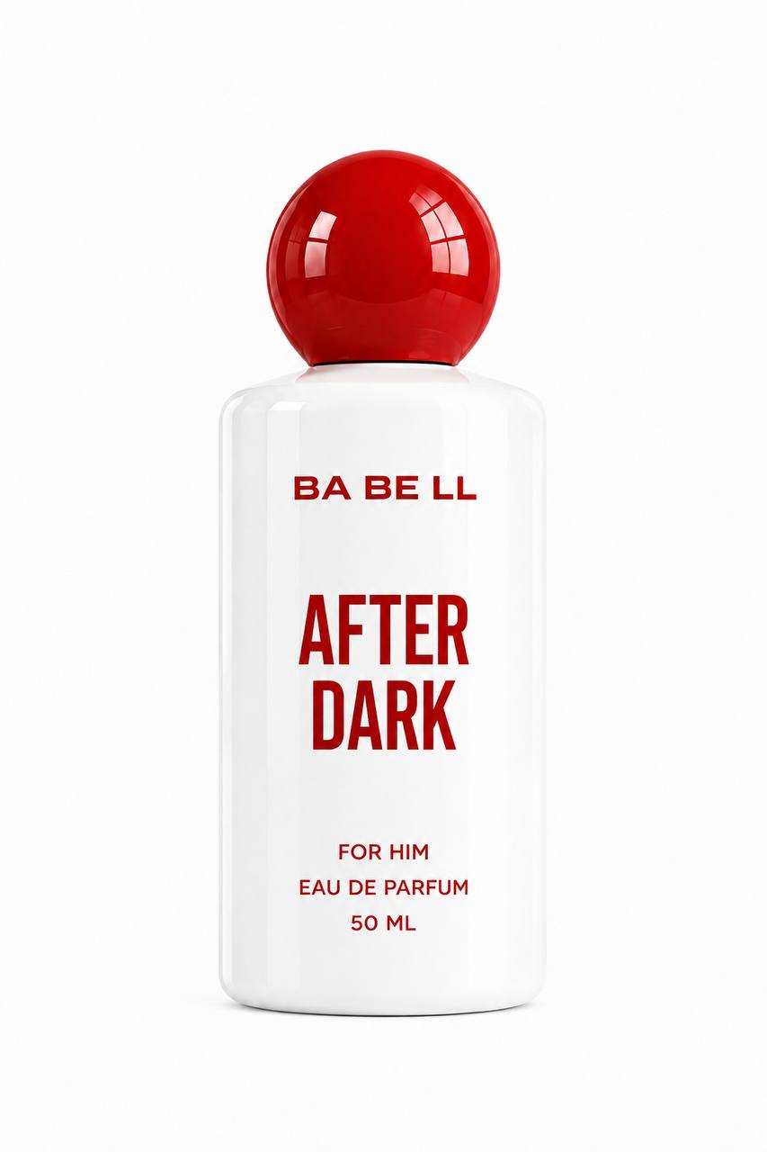 A 50 ml bottle of BA BE LL After Dark Eau De Parfum for men, featuring a white bottle with bold red text and a glossy red spherical cap, set against a plain white background.