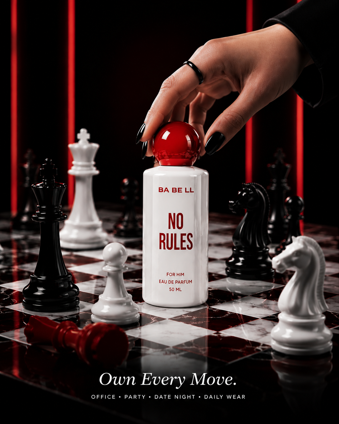 A hand with black nail polish reaches for the red cap of a white perfume bottle labeled &