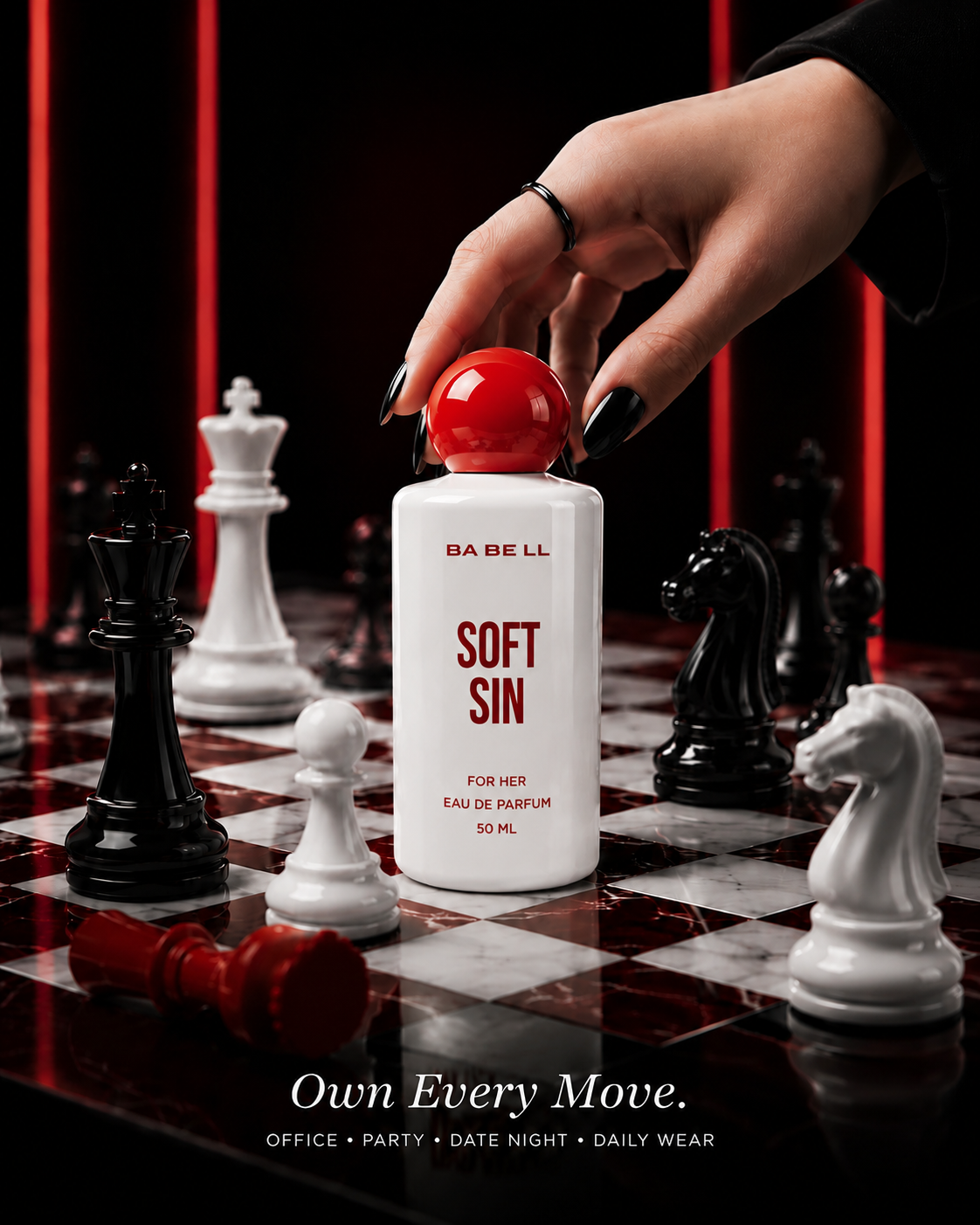 A hand with black nail polish reaches toward a white bottle of BA BE LL Soft Sin Eau de Parfum with a red cap, styled on a chessboard with chess pieces against a dark background with red vertical lights.