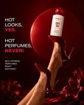 A perfume bottle labeled BA BE LL SOFT SIN is held between a model&