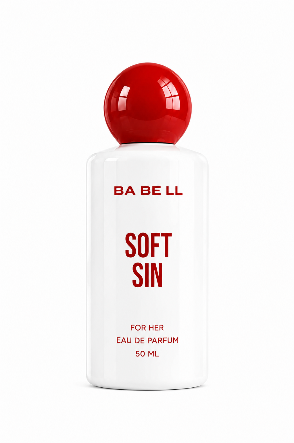 A 50 ml bottle of BA BE LL Soft Sin Eau De Parfum for her, featuring a white bottle with red text and a glossy red spherical cap, set against a plain white background.