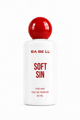 A 50 ml bottle of BA BE LL Soft Sin Eau De Parfum for her, featuring a white bottle with red text and a glossy red spherical cap, set against a plain white background.