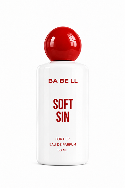 A 50 ml bottle of BA BE LL Soft Sin Eau De Parfum for her, featuring a white bottle with red text and a glossy red spherical cap, set against a plain white background.