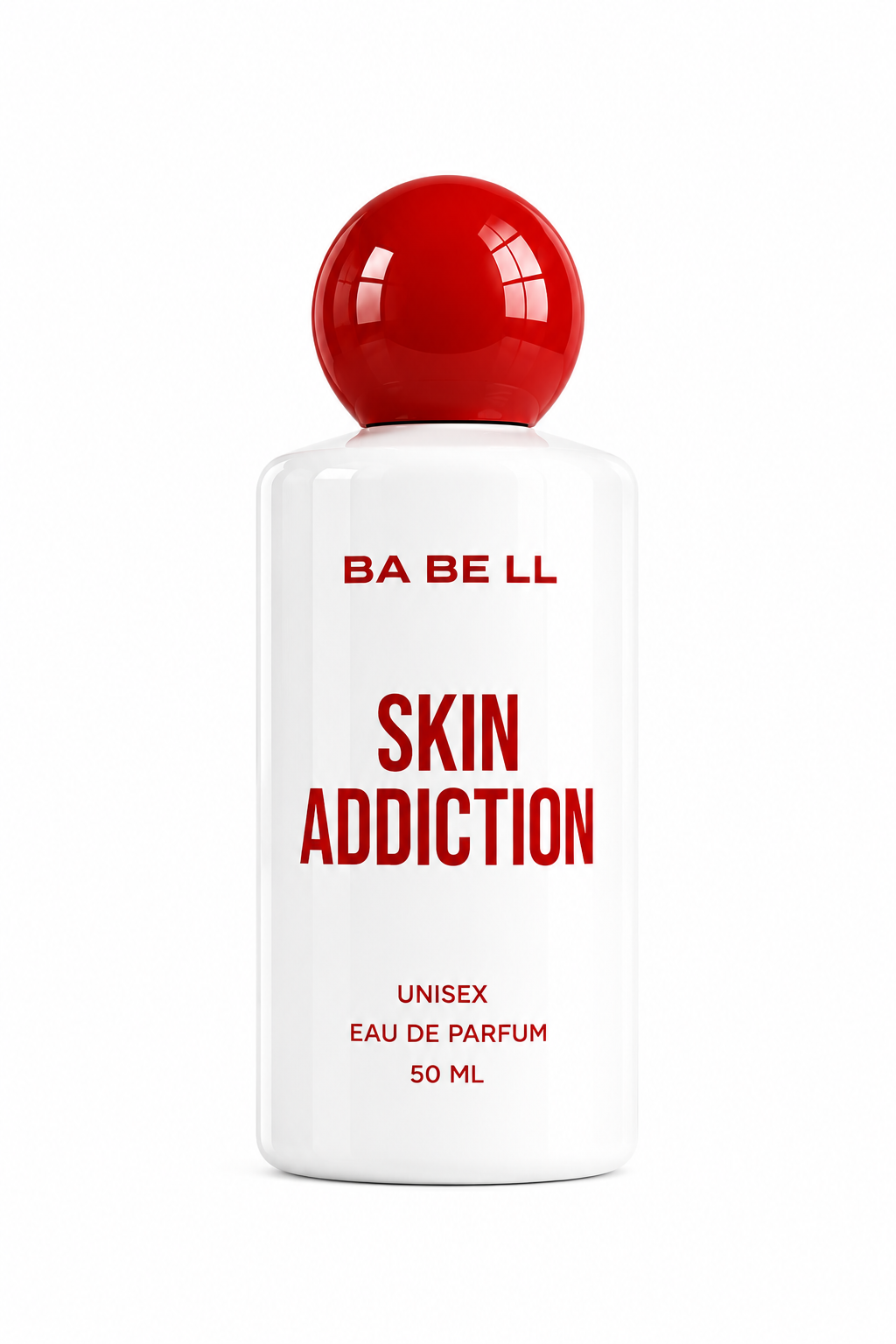 A 50 ml bottle of BA BE LL Skin Addiction Eau de Parfum, featuring a white cylindrical body with bold red text and a glossy red spherical cap, set against a plain white background.