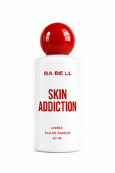 A 50 ml bottle of BA BE LL Skin Addiction Eau de Parfum, featuring a white cylindrical body with bold red text and a glossy red spherical cap, set against a plain white background.