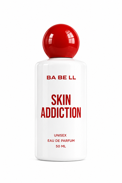 A 50 ml bottle of BA BE LL Skin Addiction Eau de Parfum, featuring a white cylindrical body with bold red text and a glossy red spherical cap, set against a plain white background.