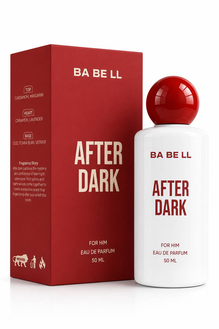 BA BE LL After Dark Eau de Parfum 50ml bottle and its red packaging box, featuring a white bottle with a glossy red spherical cap and red lettering, next to a red box with gold lettering.