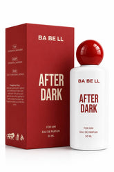 BA BE LL After Dark Eau de Parfum 50ml bottle and its red packaging box, featuring a white bottle with a glossy red spherical cap and red lettering, next to a red box with gold lettering.