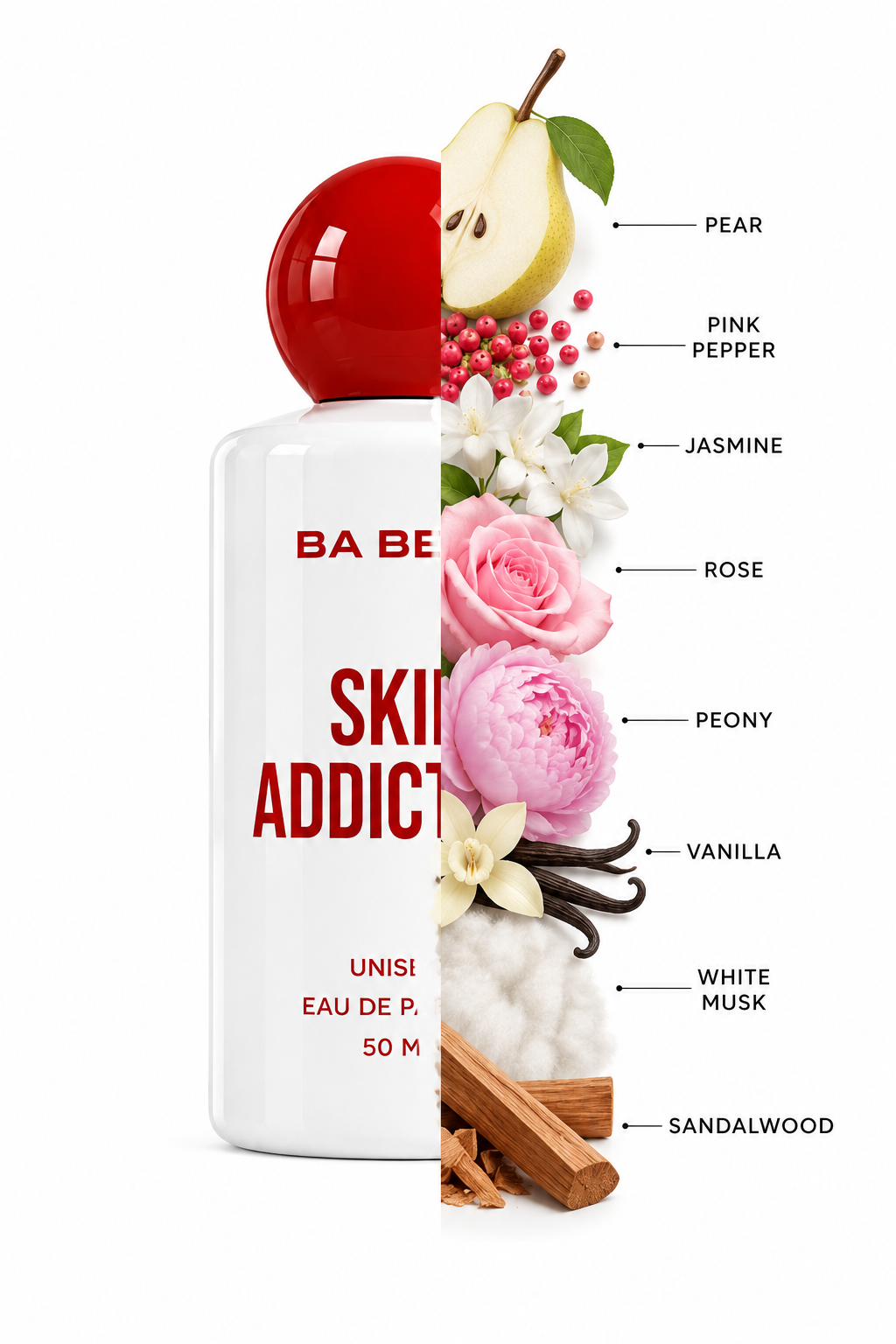 A white bottle of BA BE LL BEAUTY Skin Addict perfume with a glossy red spherical cap, shown on a white background with ingredient illustrations and labels on the right side including pear, pink pepper, jasmine, rose, peony, vanilla, white musk, sandalwood, and cinnamon.