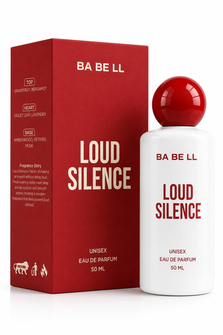 BA BE LL Loud Silence Eau de Parfum 50ml bottle next to its red packaging box, featuring a bold red and white color scheme with gold lettering.