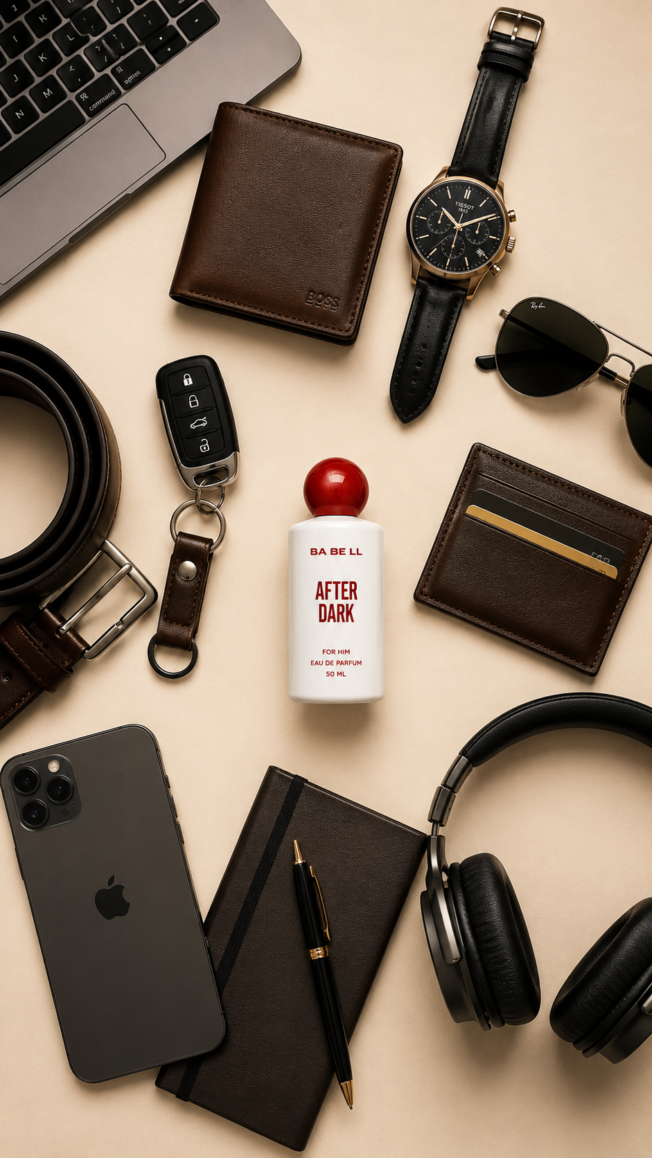 A styled flat-lay featuring a white bottle of Babell After Dark perfume with a red cap, surrounded by various men's accessories including a brown leather wallet, a black watch, sunglasses, a smartphone, headphones, and a notebook on a beige background.