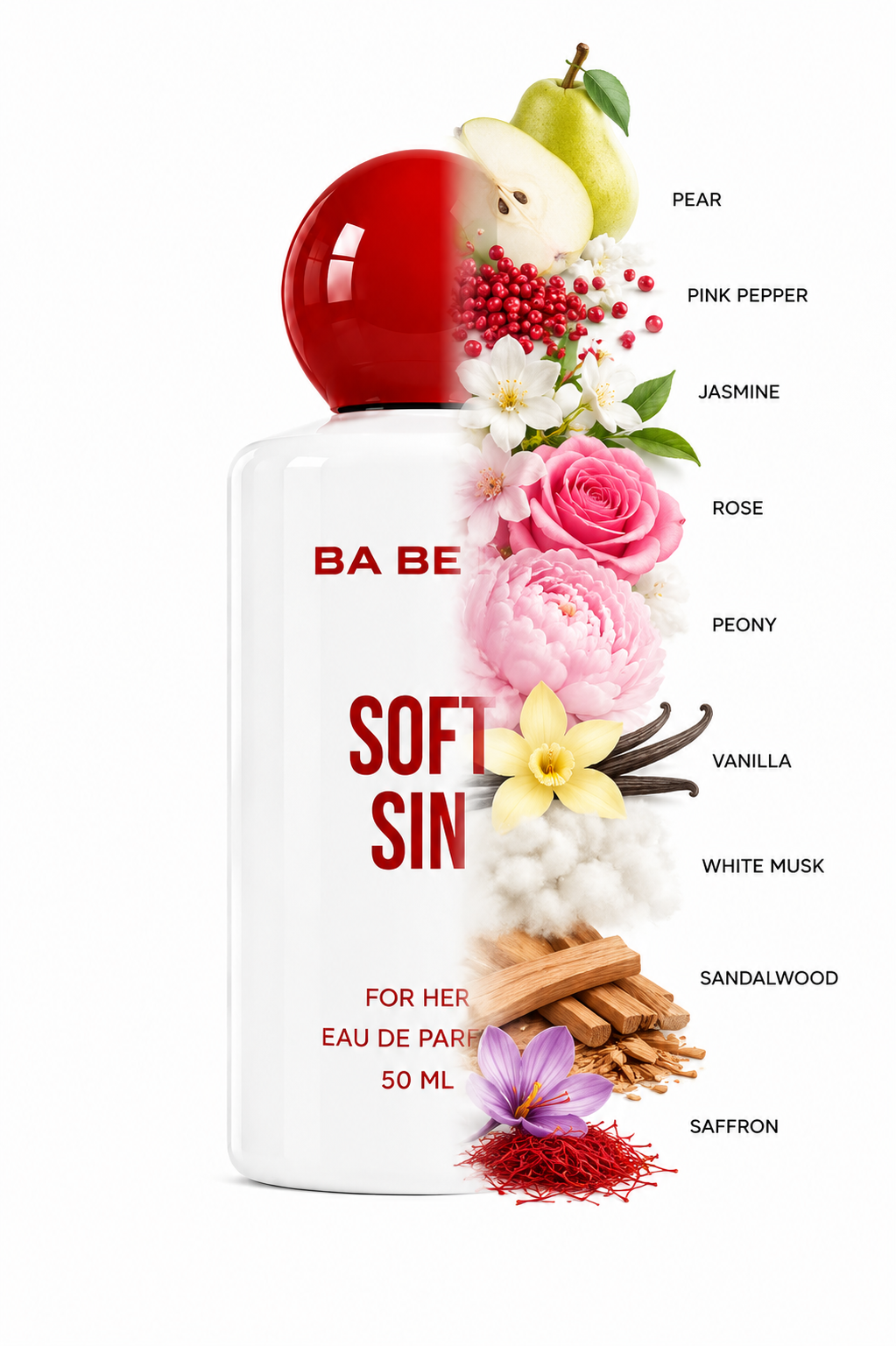 A white perfume bottle labeled BA BE LL SOFT SIN, decorated with fruit, flowers, and spices, with scent names listed on a white background.