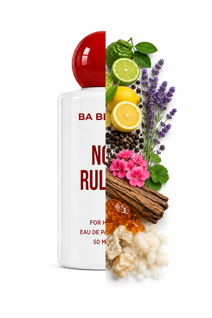 A white perfume bottle with a glossy red cap, partially obscured by a vertical arrangement of fragrance ingredients including lemons, lavender, pink flowers, cinnamon, and amber pieces on a white background.