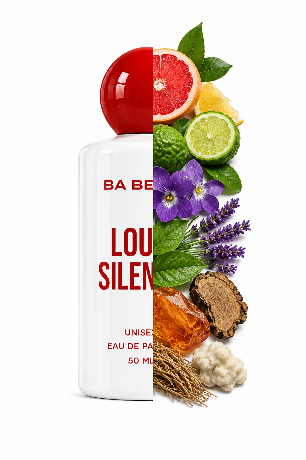 A white perfume bottle labeled &