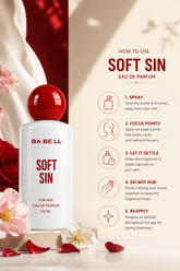 A perfume bottle labeled BA BE LL SOFT SIN Eau de Parfum is shown beside a usage guide with icons and text on a warm beige background with red roses and draped fabric.