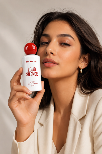 A woman in a cream blazer holds a white bottle of BA BE LL Loud Silence Eau de Parfum next to her face. The perfume bottle is white with bold red text and a red spherical cap, set against a warm beige background with soft shadows.