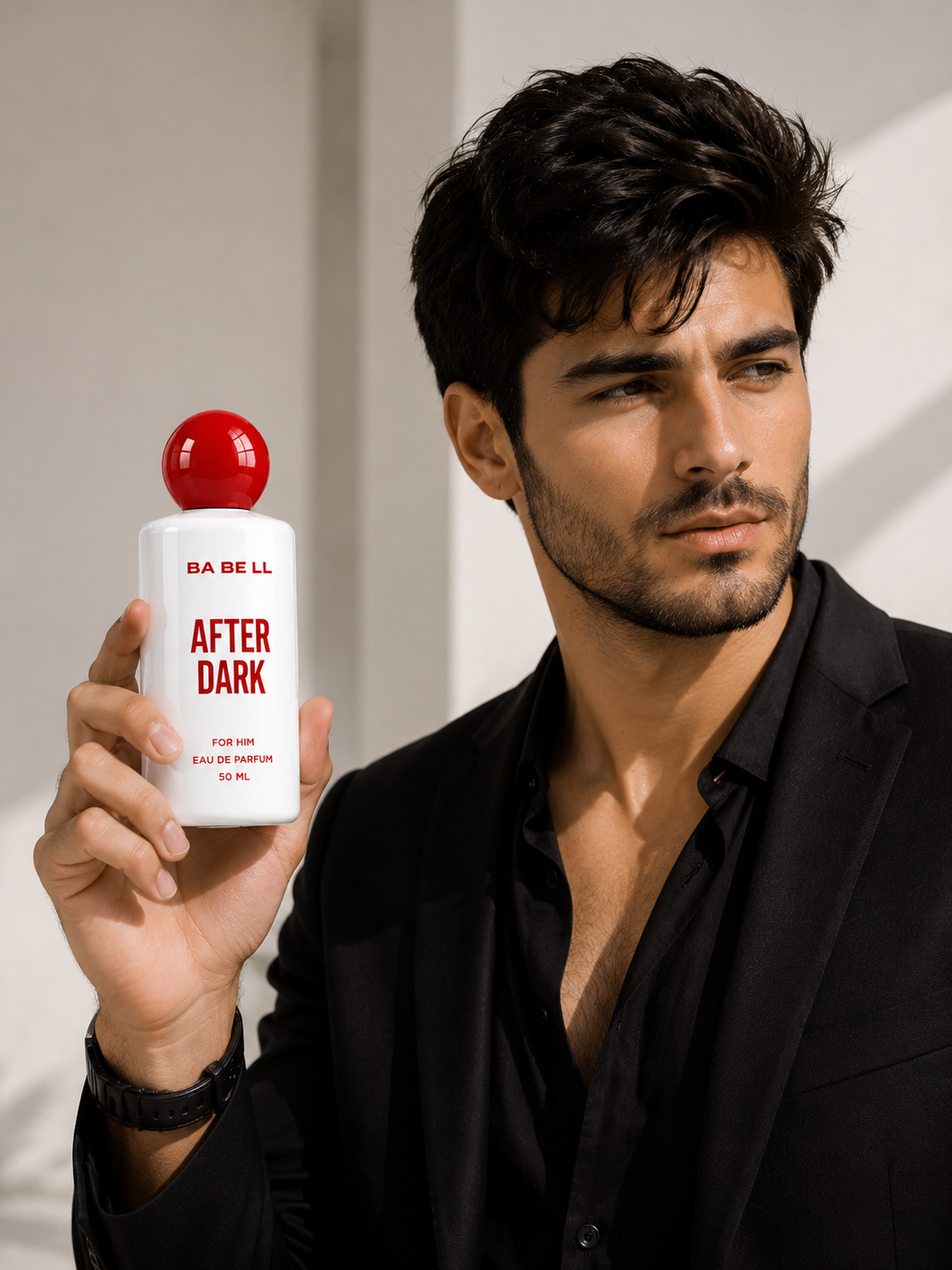 A man in a black shirt holds up a white bottle of BA BE LL AFTER DARK Eau de Parfum with a red cap against a light gray background.