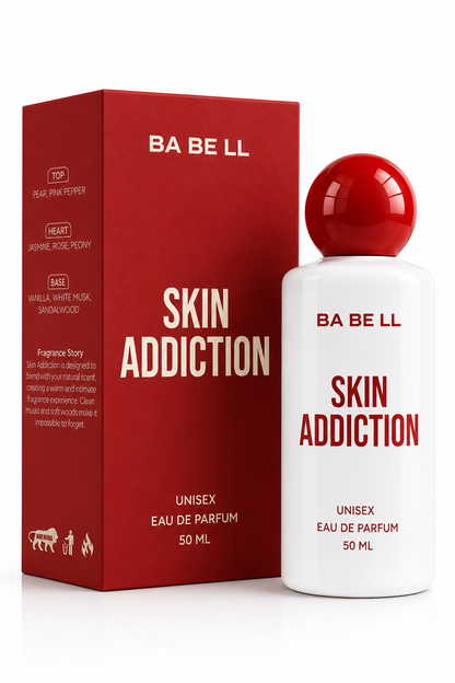 BA BE LL Skin Addiction Eau de Parfum 50ml bottle with a glossy red spherical cap next to its red packaging box, on a clean white background.