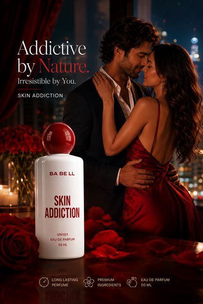 BA BE LL Skin Addiction Eau de Parfum 50ml bottle featured in a romantic lifestyle setting with a couple embracing under a city skyline at night, surrounded by red roses and candlelight.
