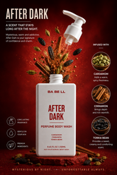 After Dark body wash ingredients — cardamom, cinnamon, tonka bean — shown around the 250ml bottle.