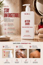 How to use After Dark body wash: pump, lather and rinse, with the bottle on a bathroom counter.