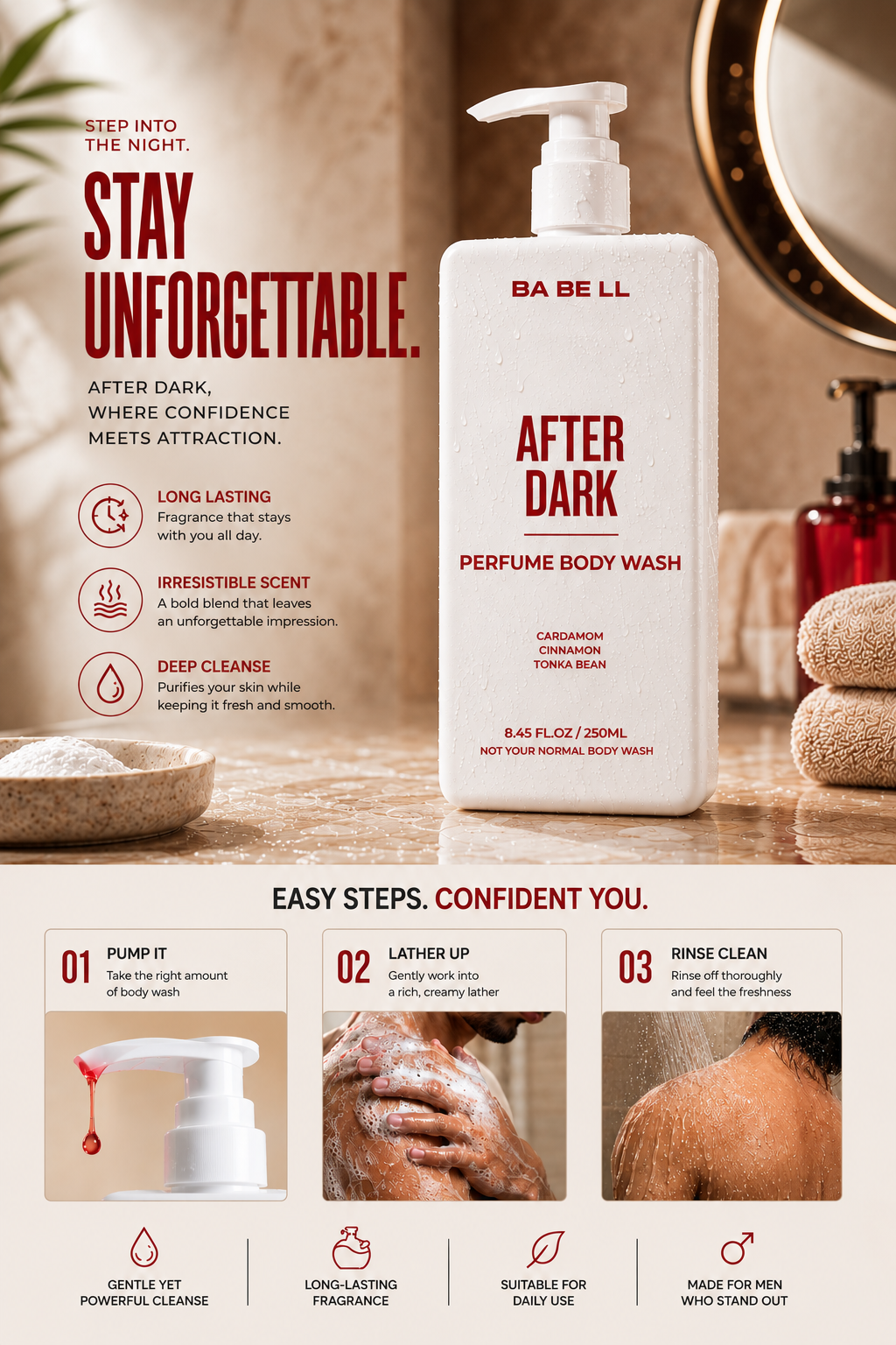 How to use After Dark body wash: pump, lather and rinse, with the bottle on a bathroom counter.