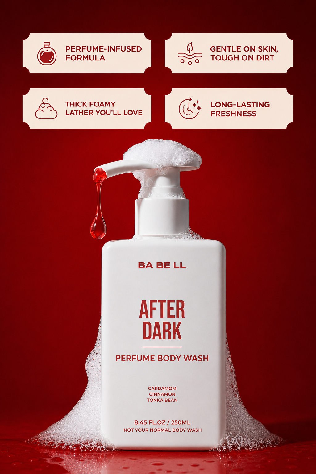 After Dark body wash benefits — perfume-infused formula, gentle on skin, thick lather and long-lasting freshness.