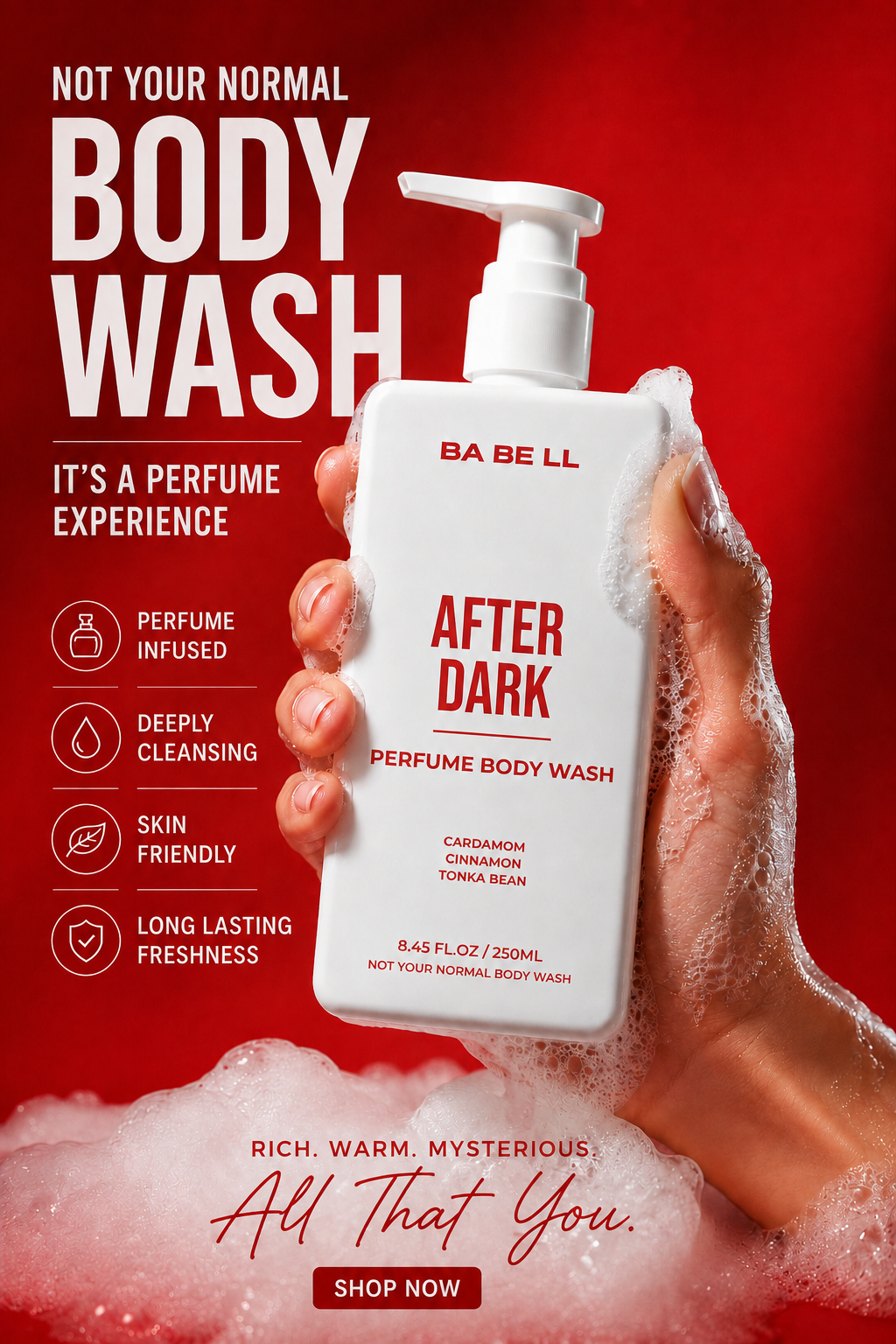 After Dark perfume body wash held in a lathered hand, showing its rich foam.