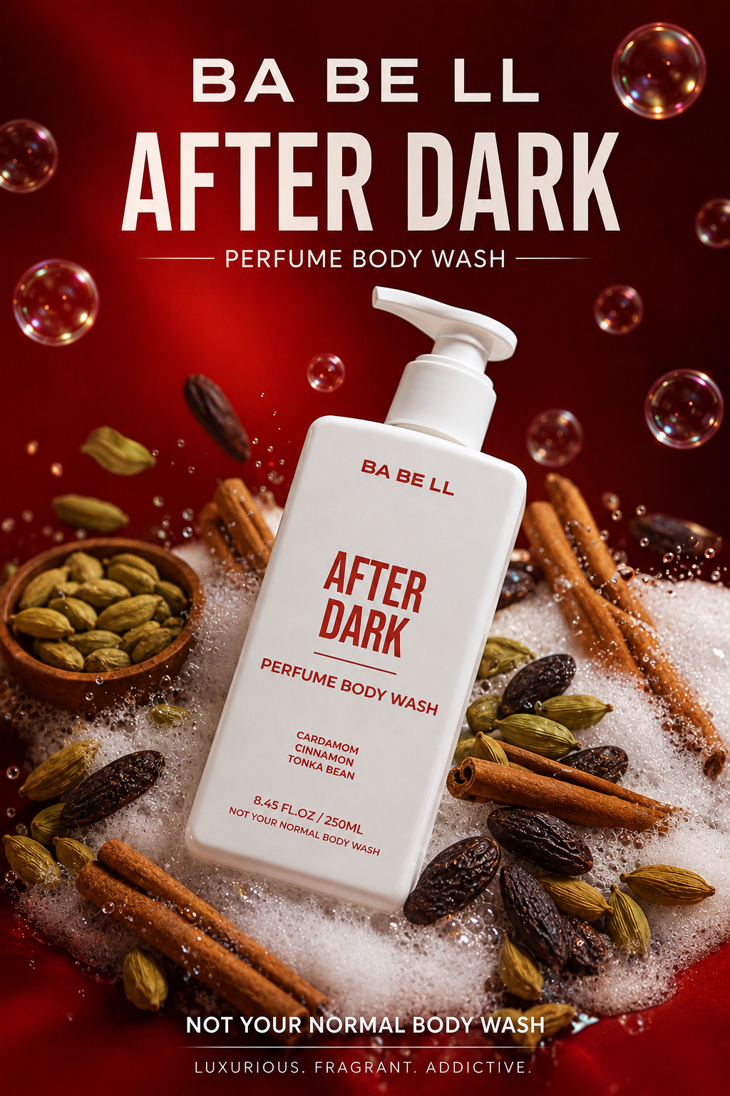 After Dark body wash bottle surrounded by cardamom, cinnamon, tonka bean in foam.
