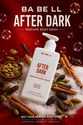 After Dark body wash bottle surrounded by cardamom, cinnamon, tonka bean in foam.