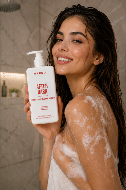 Woman in the shower holding Babell After Dark perfume body wash, 250ml.