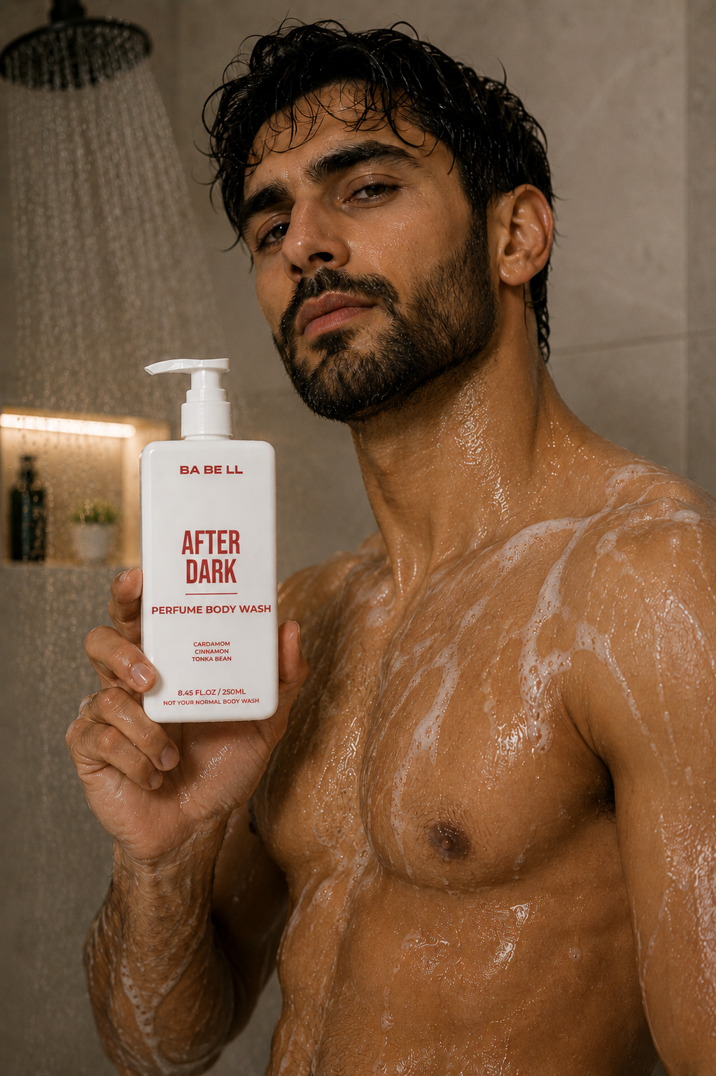 Man in the shower holding Babell After Dark perfume body wash, 250ml.